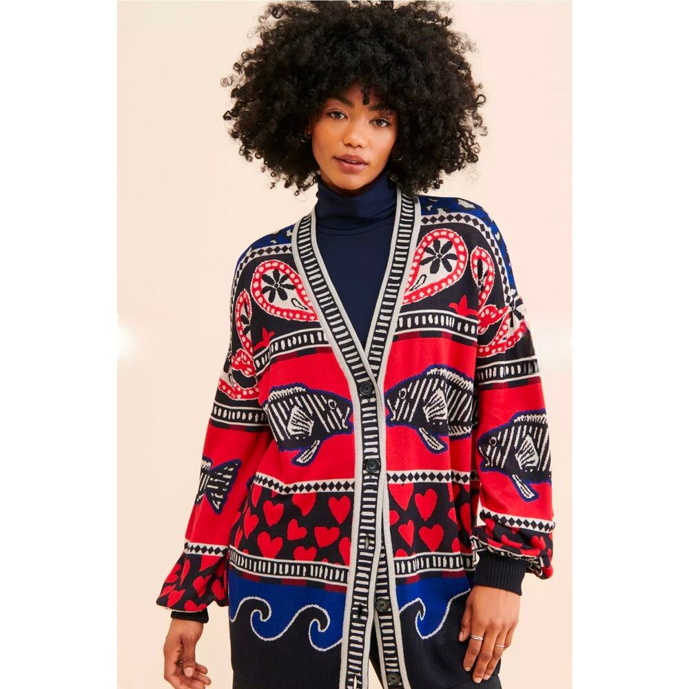 FARM Rio Red Navy Patterned Cardigan